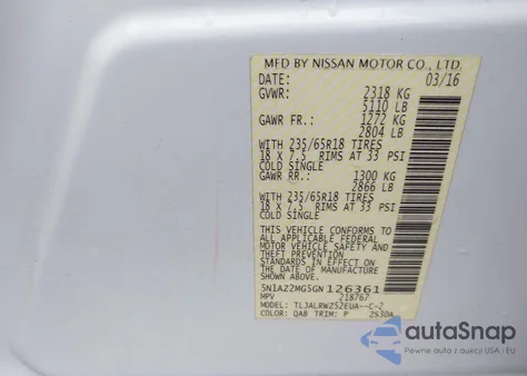 2016 Nissan Murano Sl из США, поврежденный, VIN 5N1AZ2MG5GN126361